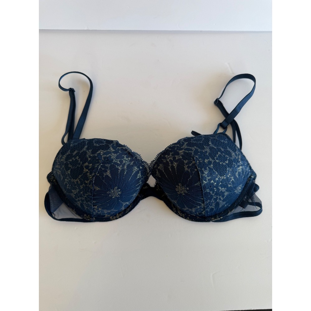 Victorias Secret Navy Blue Gold Metallic Floral Lace Push-Up Bra 34C 165380-QB5